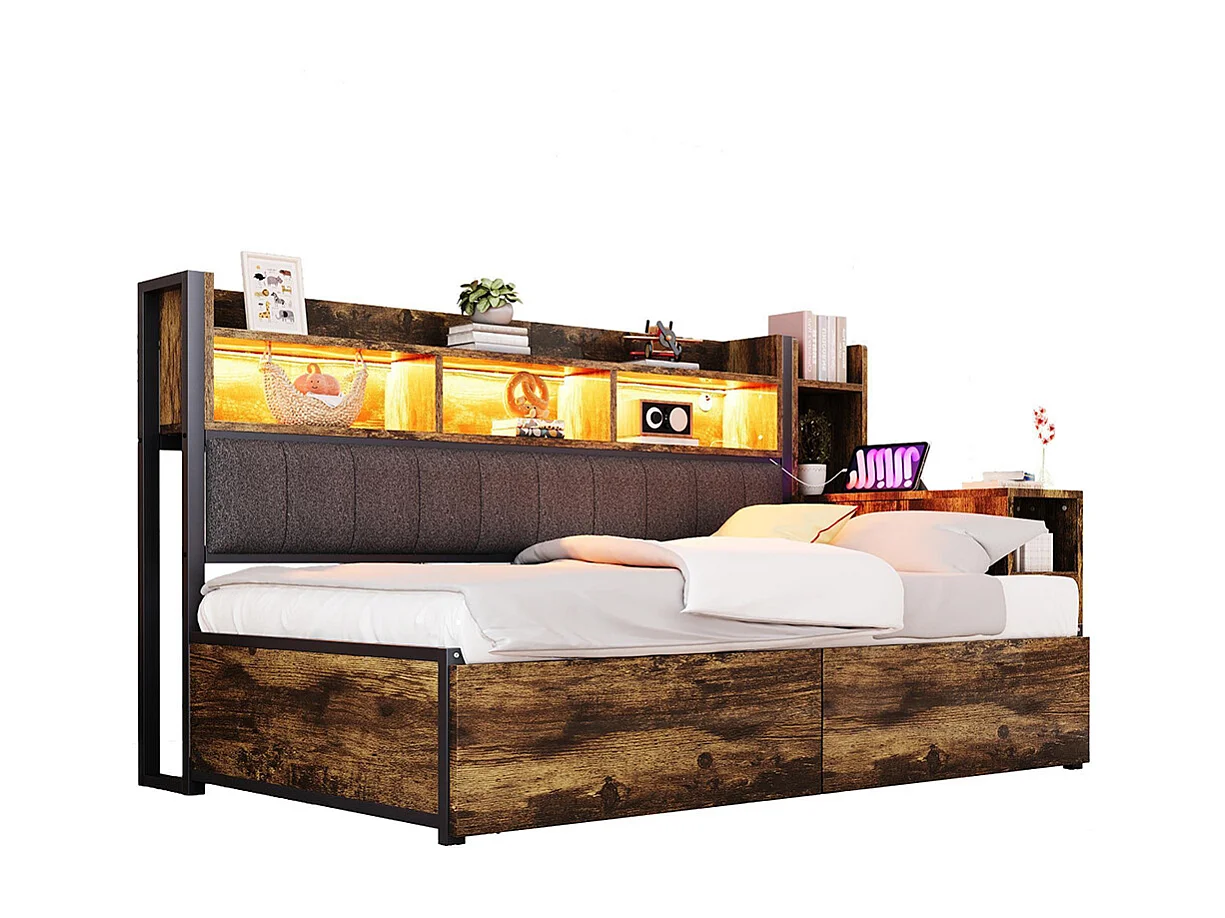 Lit combiné en fer 90x200 cm avec rangement casiers prises multifonctionnelles LED grands tiroirs bureau coulissant couleur bois