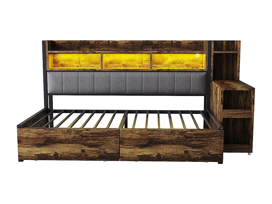 Lit combiné en fer 90x200 cm avec rangement casiers prises multifonctionnelles LED grands tiroirs bureau coulissant couleur bois