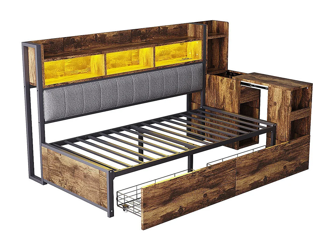 Lit combiné en fer 90x200 cm avec rangement casiers prises multifonctionnelles LED grands tiroirs bureau coulissant couleur bois