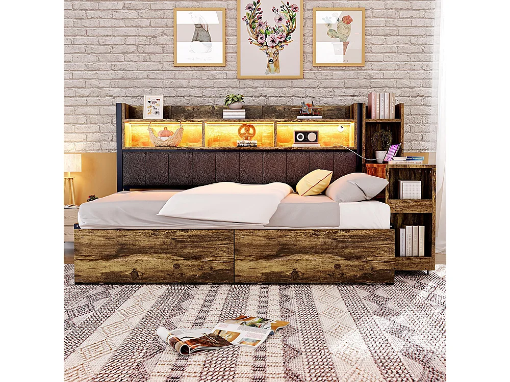 Lit combiné en fer 90x200 cm avec rangement casiers prises multifonctionnelles LED grands tiroirs bureau coulissant couleur bois