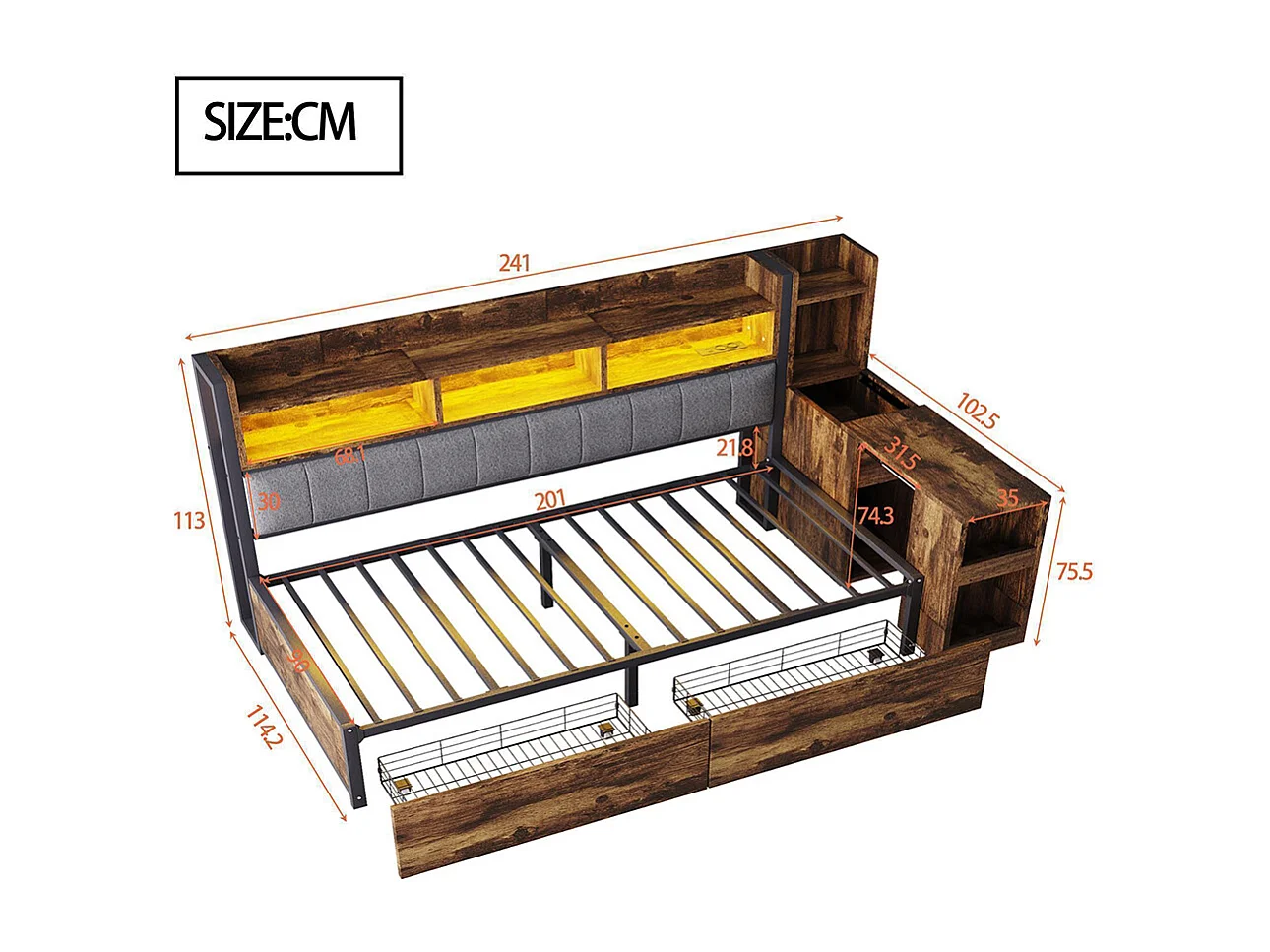 Lit combiné en fer 90x200 cm avec rangement casiers prises multifonctionnelles LED grands tiroirs bureau coulissant couleur bois