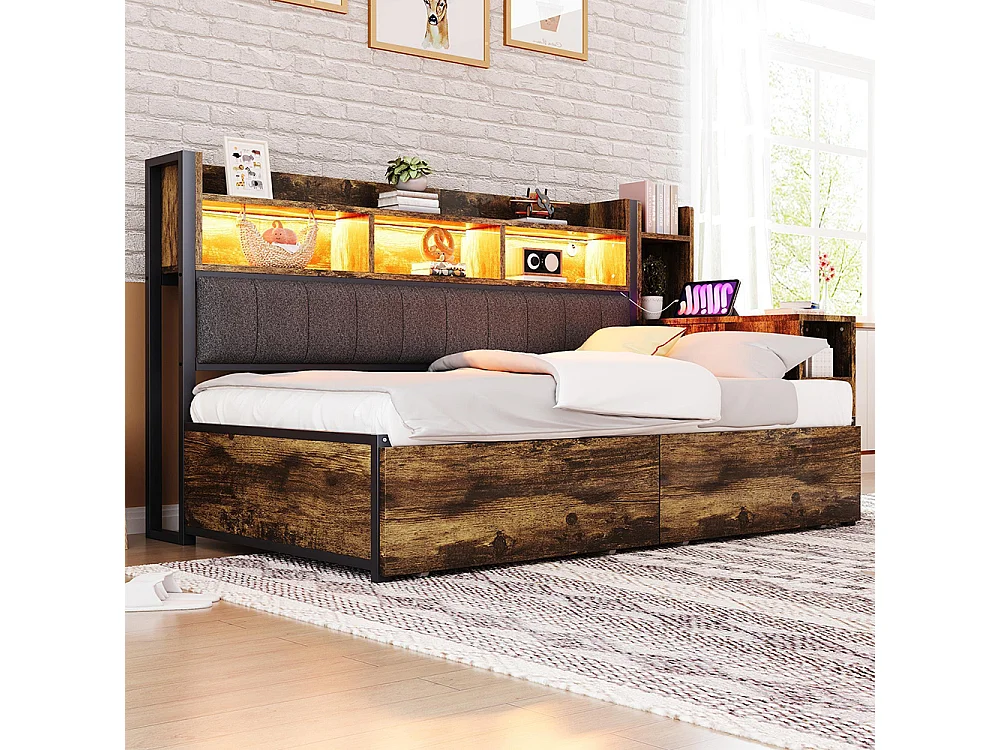 Lit combiné en fer 90x200 cm avec rangement casiers prises multifonctionnelles LED grands tiroirs bureau coulissant couleur bois