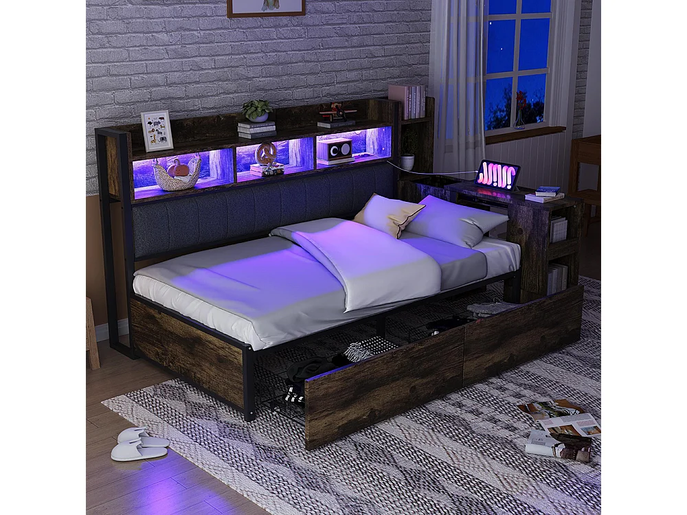 Lit combiné en fer 90x200 cm avec rangement casiers prises multifonctionnelles LED grands tiroirs bureau coulissant couleur bois