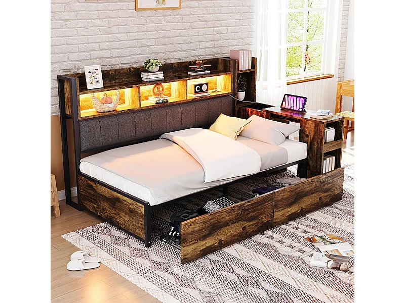 Lit combiné en fer 90x200 cm avec rangement casiers prises multifonctionnelles LED grands tiroirs bureau coulissant couleur bois