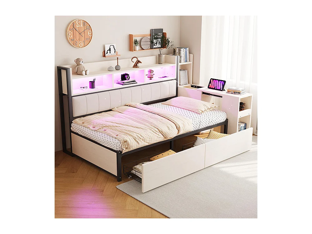 Lit combiné en fer 90x200 cm avec rangement casiers prises multifonctionnelles LED grands tiroirs bureau coulissant blanc