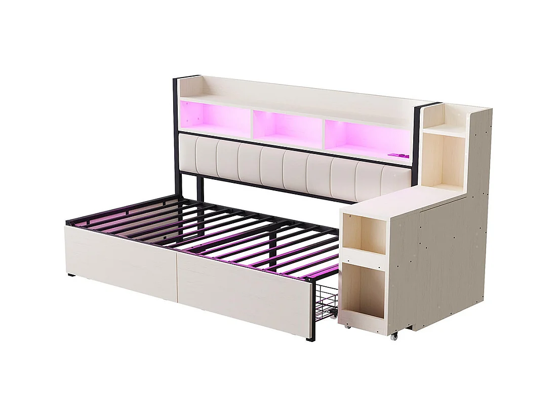 Lit combiné en fer 90x200 cm avec rangement casiers prises multifonctionnelles LED grands tiroirs bureau coulissant blanc