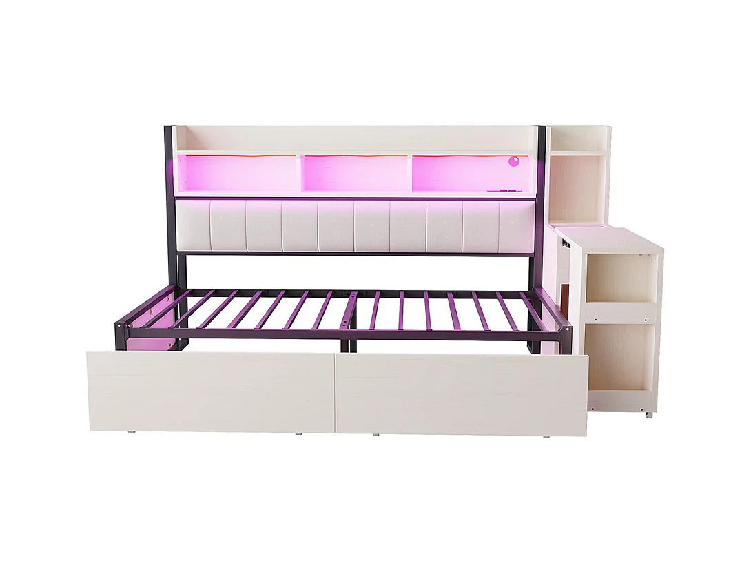 Lit combiné en fer 90x200 cm avec rangement casiers prises multifonctionnelles LED grands tiroirs bureau coulissant blanc