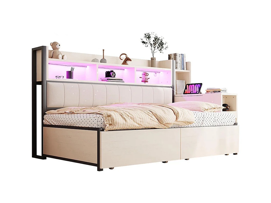 Lit combiné en fer 90x200 cm avec rangement casiers prises multifonctionnelles LED grands tiroirs bureau coulissant blanc