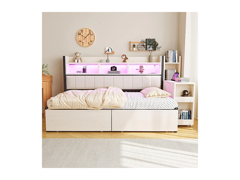 Lit combiné en fer 90x200 cm avec rangement casiers prises multifonctionnelles LED grands tiroirs bureau coulissant blanc