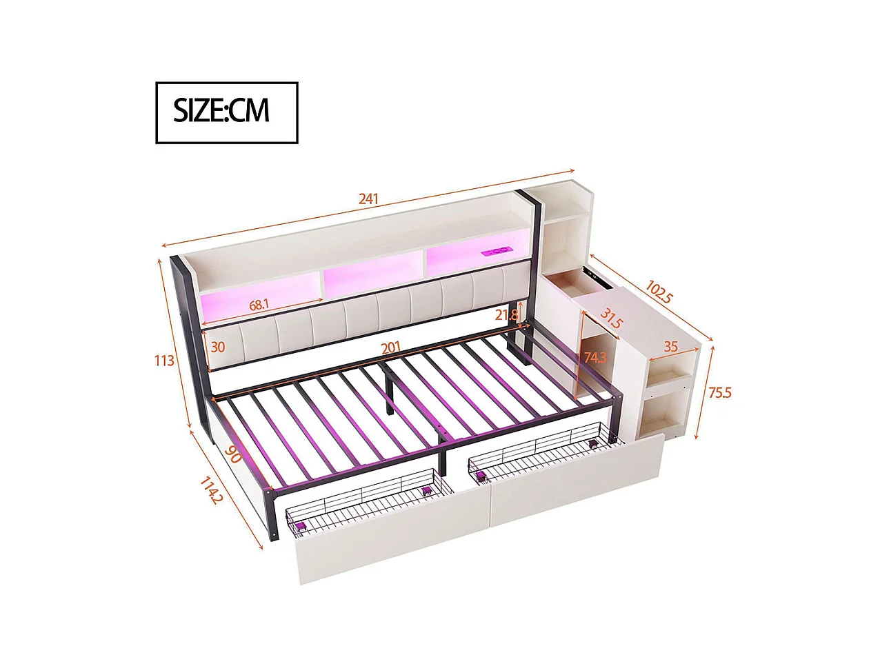 Lit combiné en fer 90x200 cm avec rangement casiers prises multifonctionnelles LED grands tiroirs bureau coulissant blanc