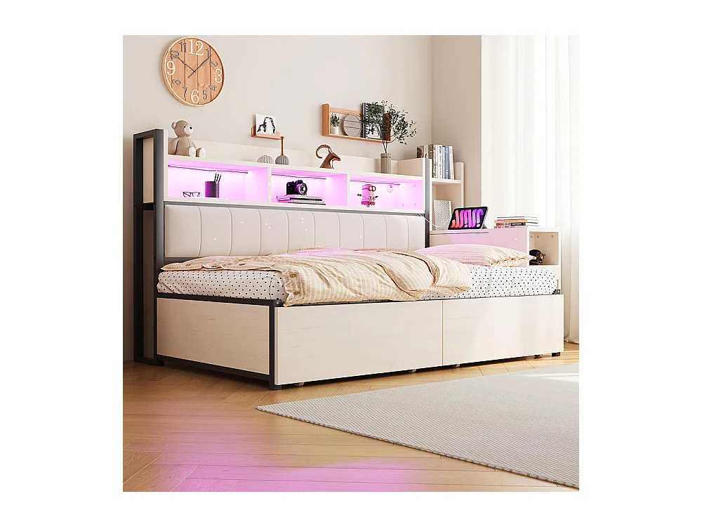 Lit combiné en fer 90x200 cm avec rangement casiers prises multifonctionnelles LED grands tiroirs bureau coulissant blanc