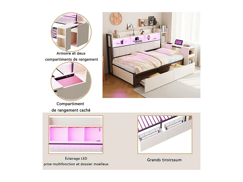 Lit combiné en fer 90x200 cm avec rangement casiers prises multifonctionnelles LED grands tiroirs bureau coulissant blanc