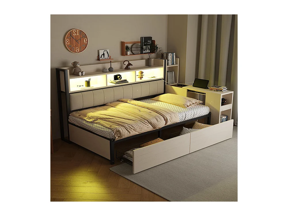 Lit combiné en fer 90x200 cm avec rangement casiers prises multifonctionnelles LED grands tiroirs bureau coulissant blanc