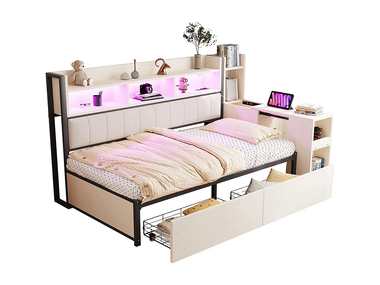 Lit combiné en fer 90x200 cm avec rangement casiers prises multifonctionnelles LED grands tiroirs bureau coulissant blanc