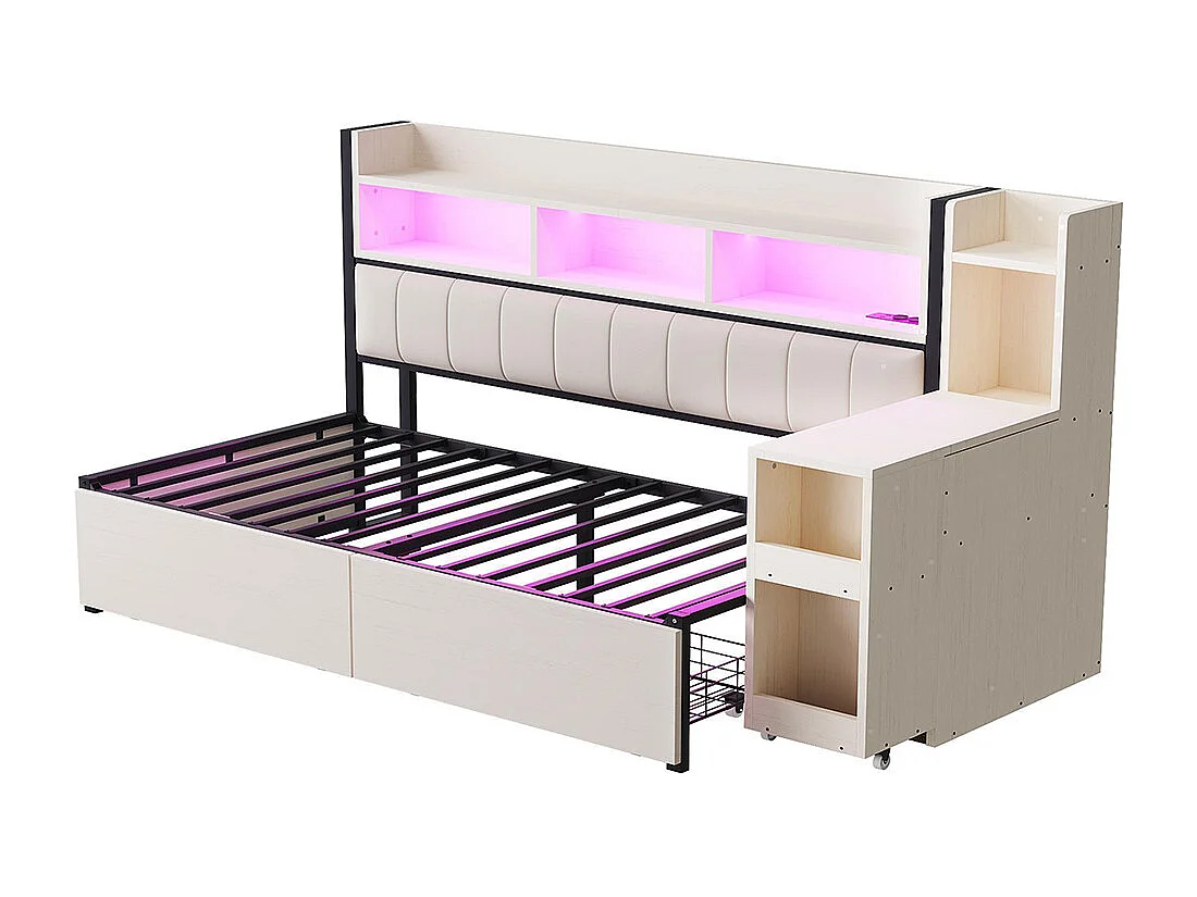 Lit combiné en fer 90x200 cm avec rangement casiers prises multifonctionnelles LED grands tiroirs bureau coulissant blanc