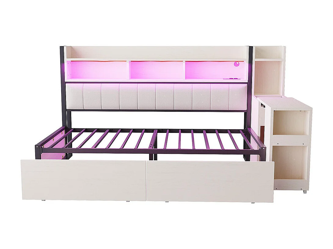 Lit combiné en fer 90x200 cm avec rangement casiers prises multifonctionnelles LED grands tiroirs bureau coulissant blanc