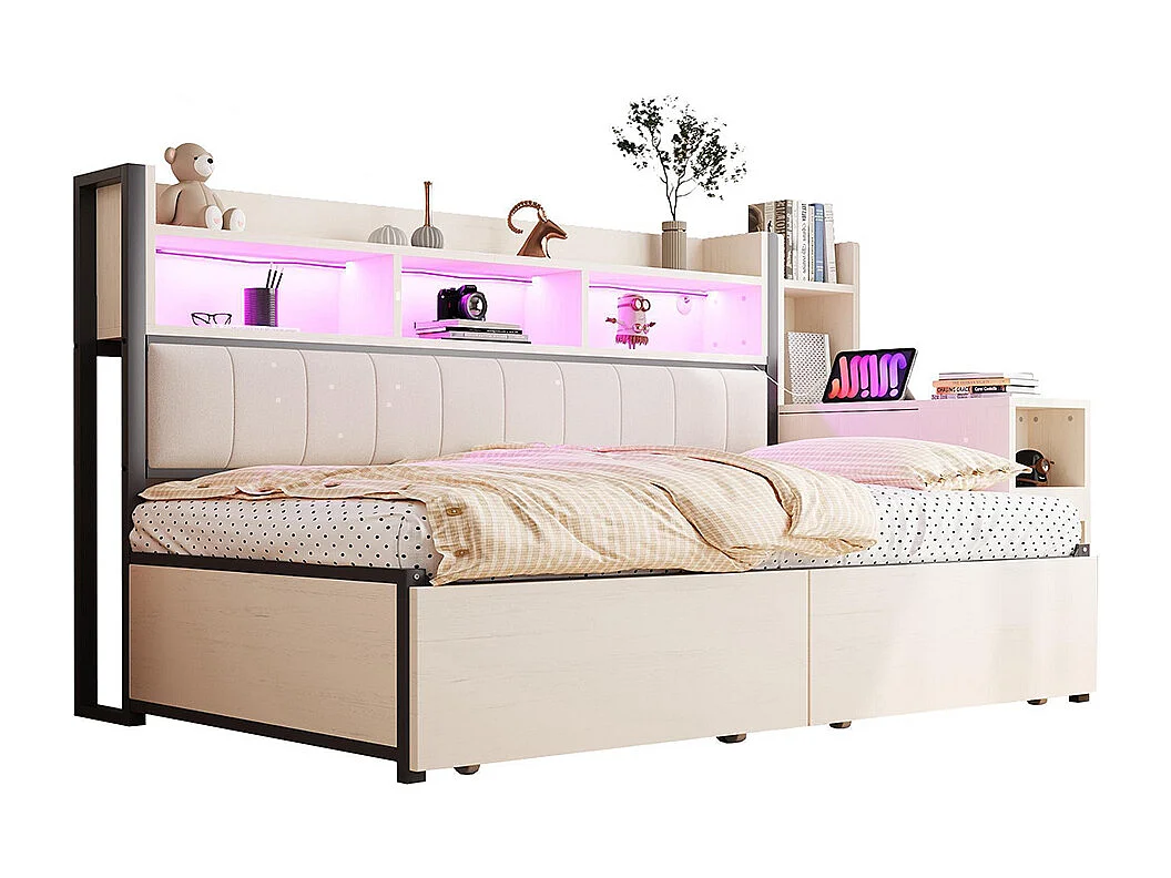 Lit combiné en fer 90x200 cm avec rangement casiers prises multifonctionnelles LED grands tiroirs bureau coulissant blanc