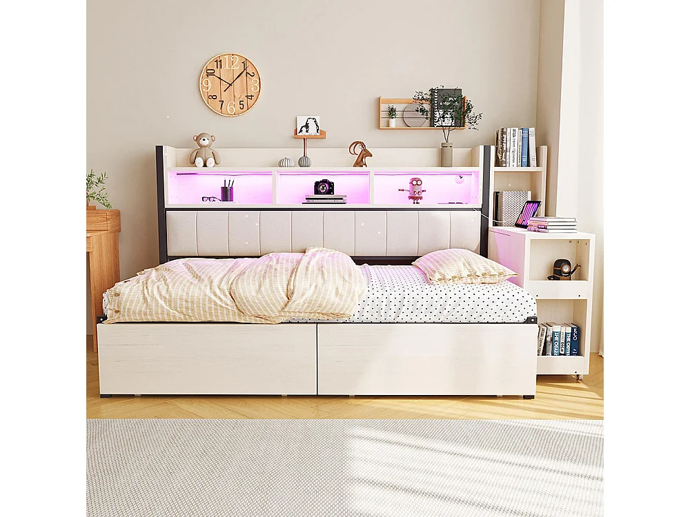 Lit combiné en fer 90x200 cm avec rangement casiers prises multifonctionnelles LED grands tiroirs bureau coulissant blanc