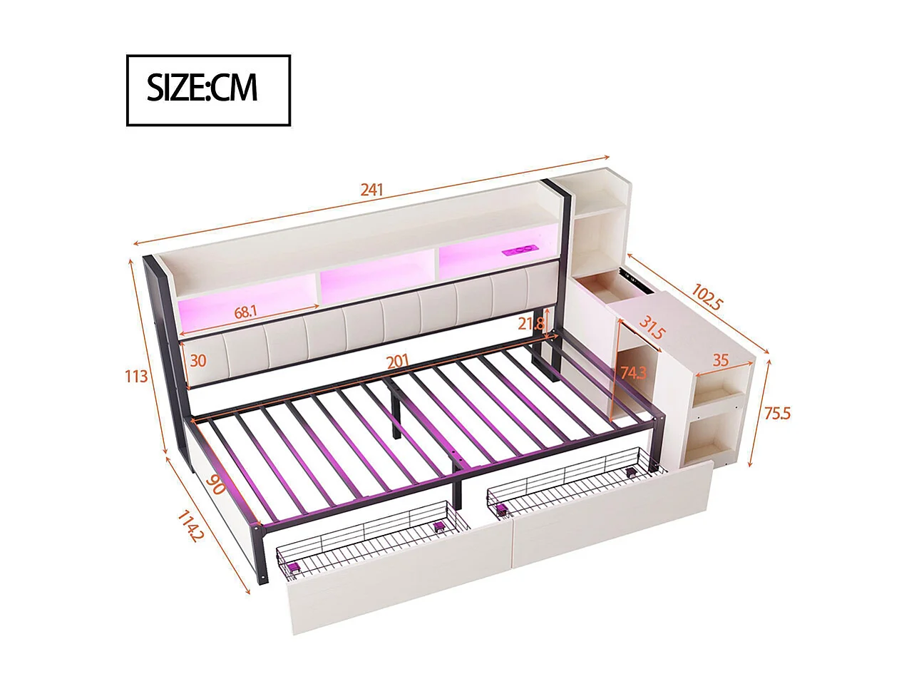Lit combiné en fer 90x200 cm avec rangement casiers prises multifonctionnelles LED grands tiroirs bureau coulissant blanc