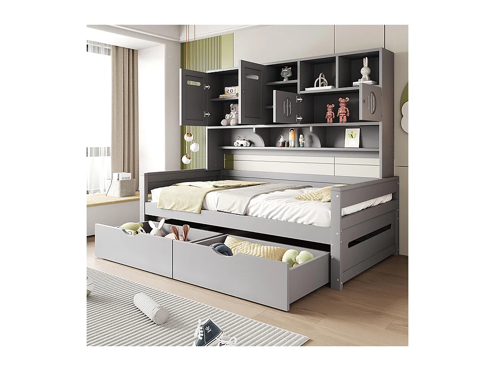 Lit combiné en bois 90x200 cm rangement multifonctionnel grand tiroir lit simple adolescent sommier à lattes gris sans matelas