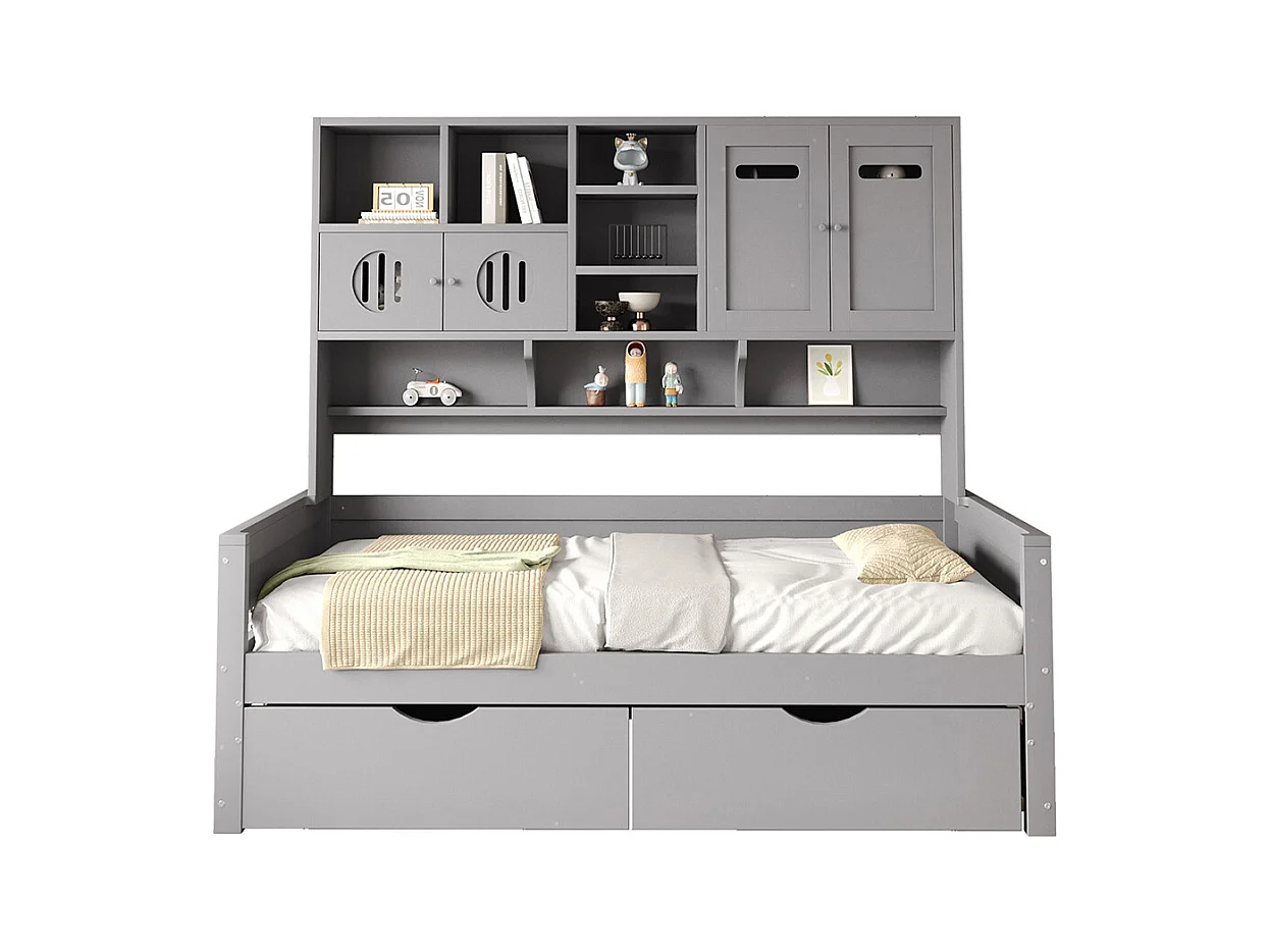 Lit combiné en bois 90x200 cm rangement multifonctionnel grand tiroir lit simple adolescent sommier à lattes gris sans matelas