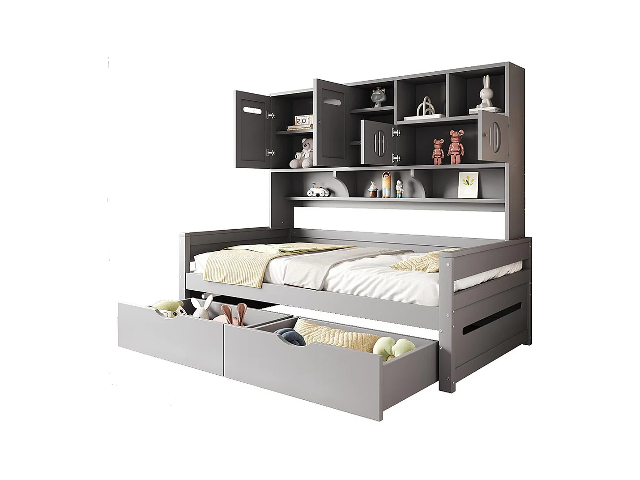 Lit combiné en bois 90x200 cm rangement multifonctionnel grand tiroir lit simple adolescent sommier à lattes gris sans matelas