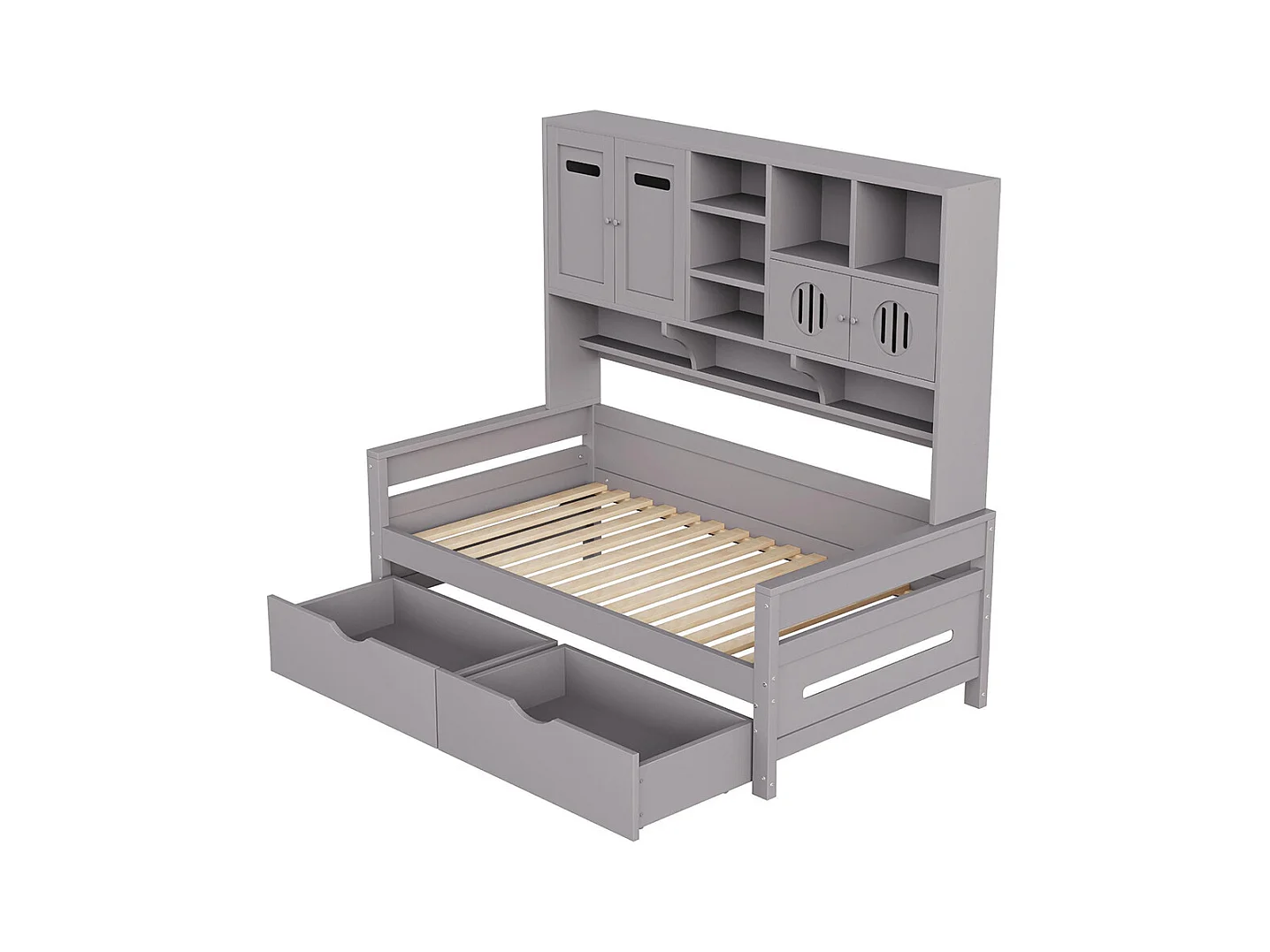 Lit combiné en bois 90x200 cm rangement multifonctionnel grand tiroir lit simple adolescent sommier à lattes gris sans matelas