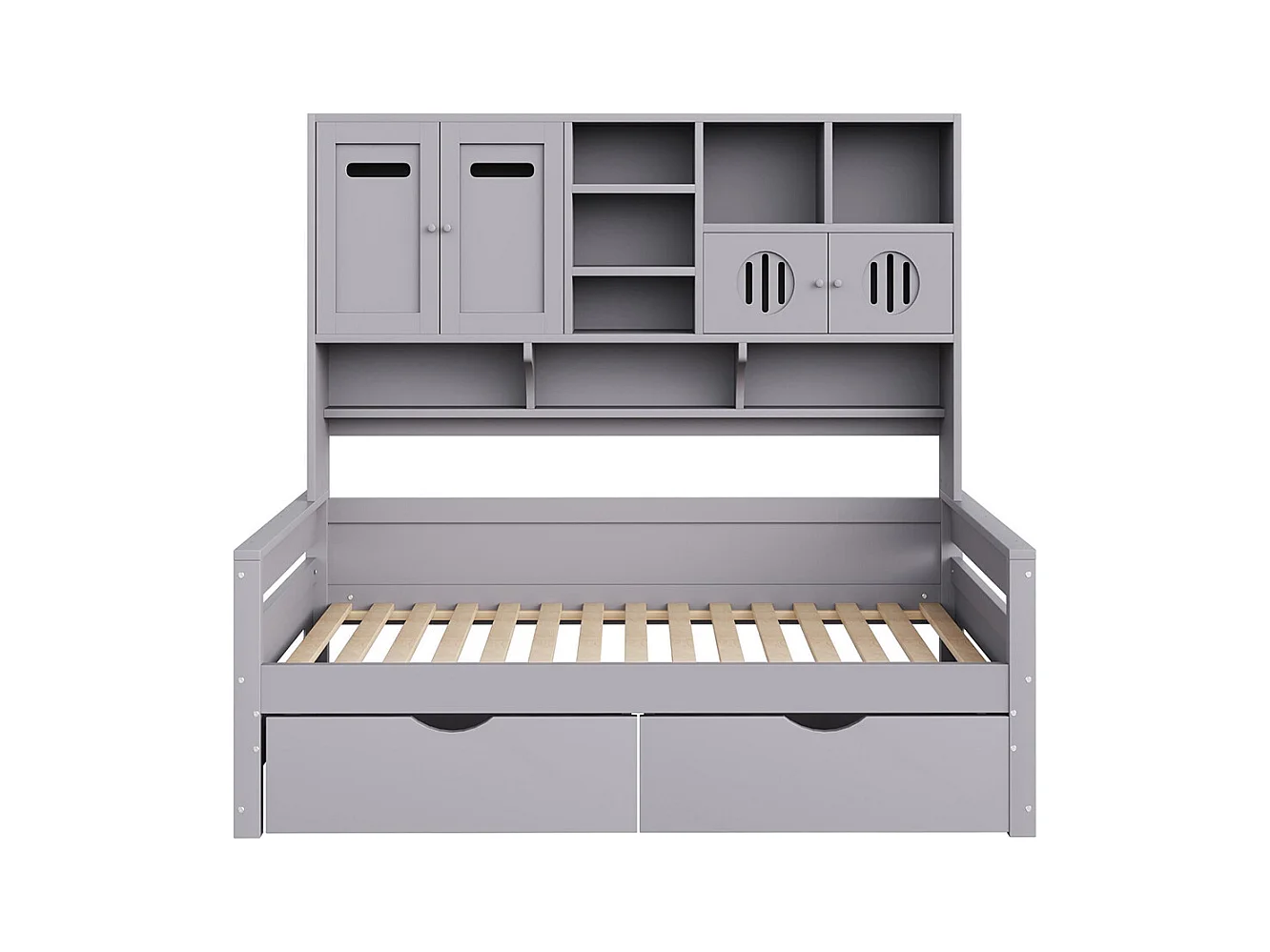 Lit combiné en bois 90x200 cm rangement multifonctionnel grand tiroir lit simple adolescent sommier à lattes gris sans matelas