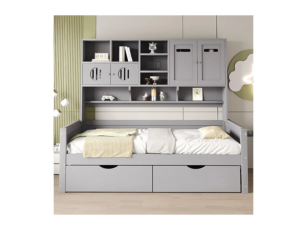 Lit combiné en bois 90x200 cm rangement multifonctionnel grand tiroir lit simple adolescent sommier à lattes gris sans matelas