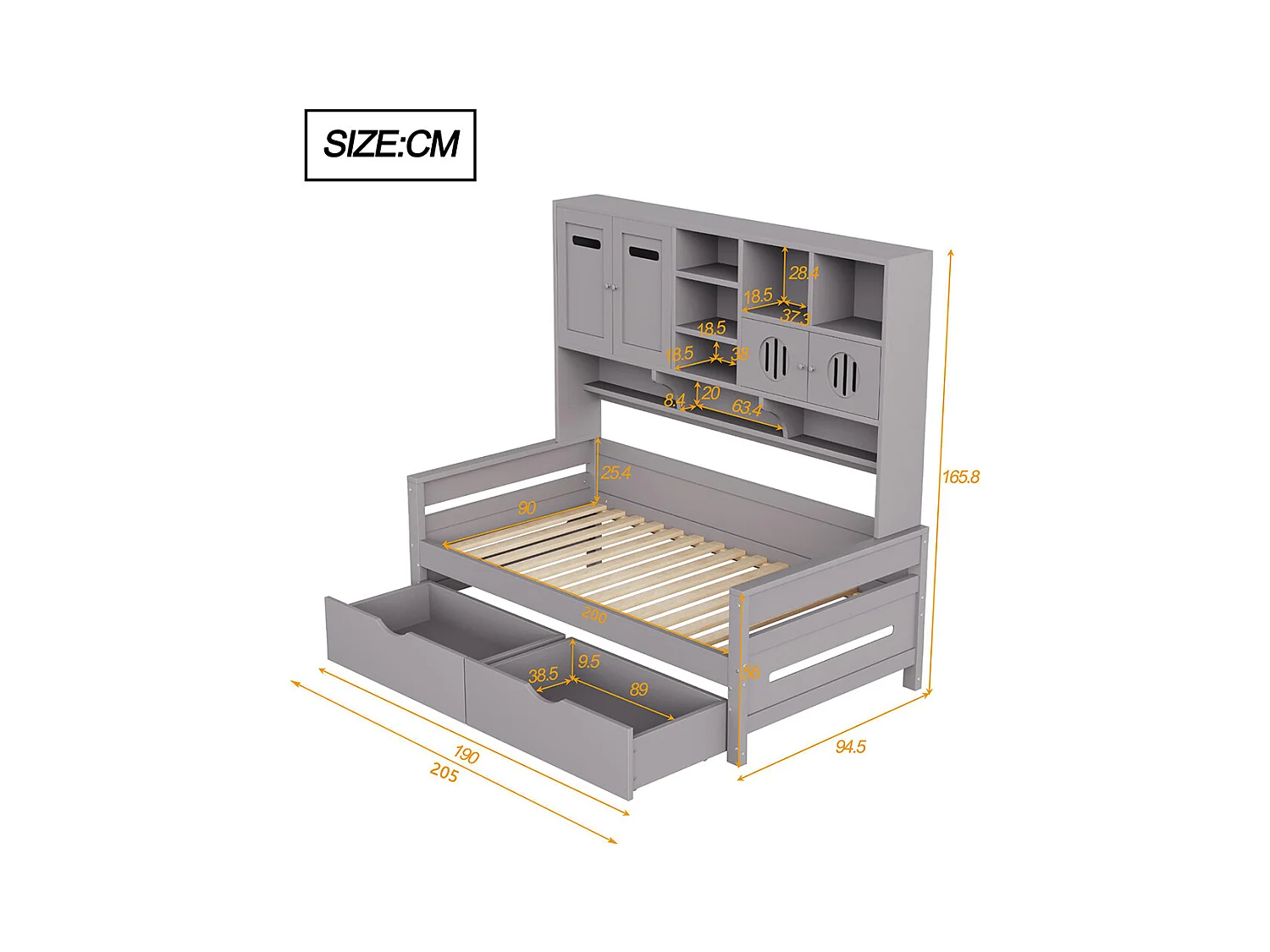 Lit combiné en bois 90x200 cm rangement multifonctionnel grand tiroir lit simple adolescent sommier à lattes gris sans matelas