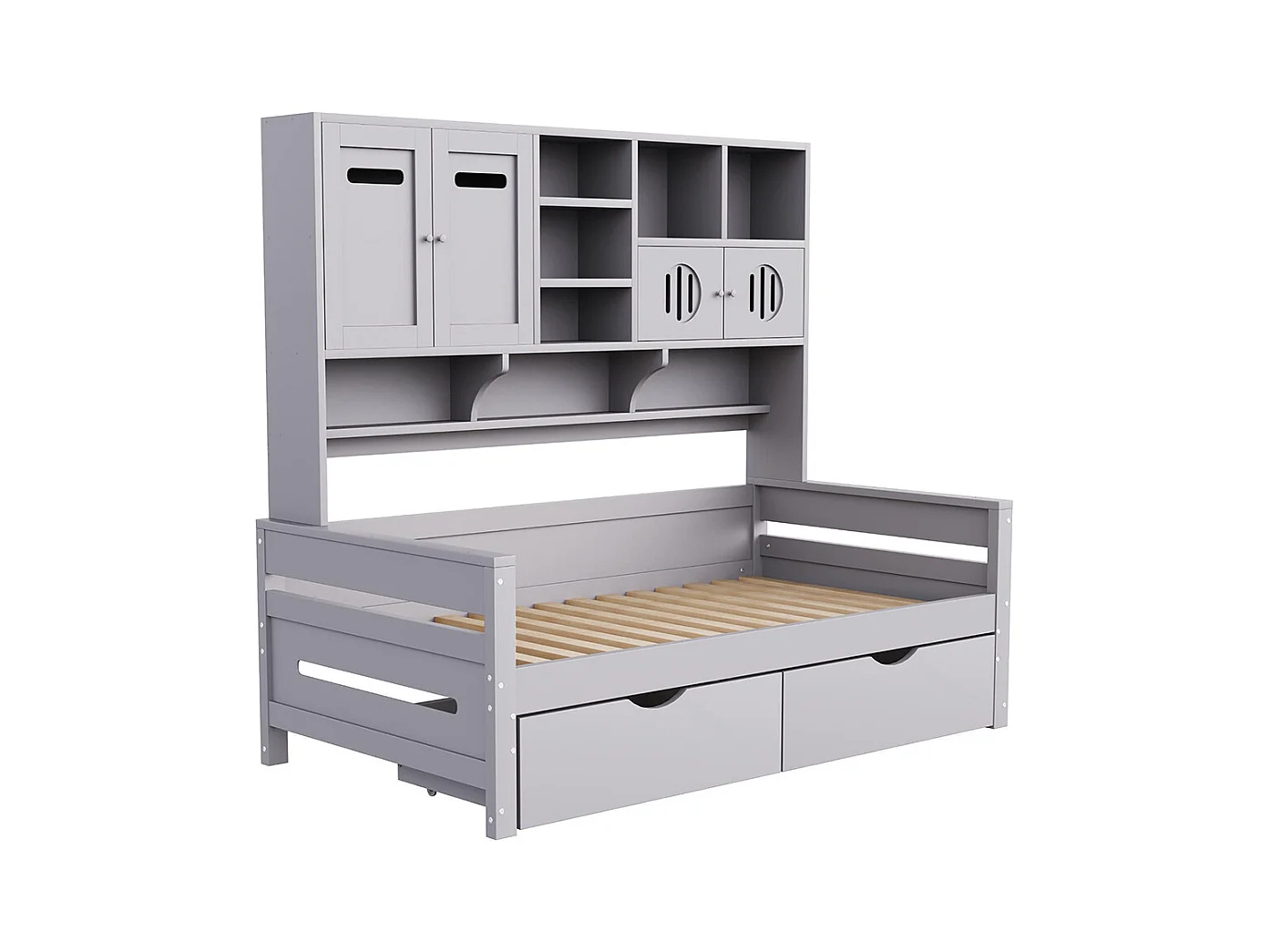 Lit combiné en bois 90x200 cm rangement multifonctionnel grand tiroir lit simple adolescent sommier à lattes gris sans matelas