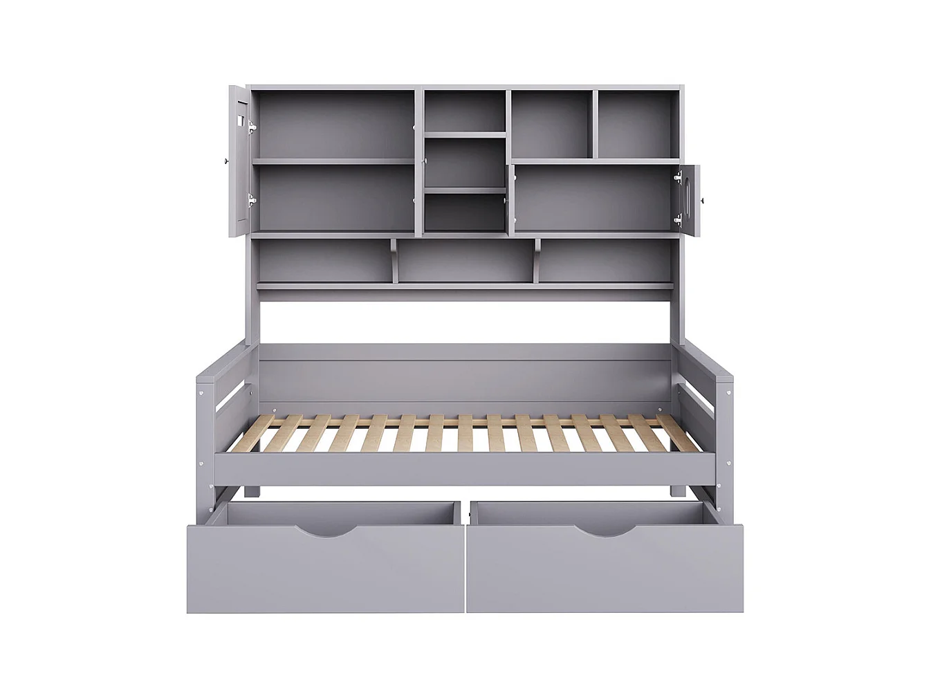 Lit combiné en bois 90x200 cm rangement multifonctionnel grand tiroir lit simple adolescent sommier à lattes gris sans matelas