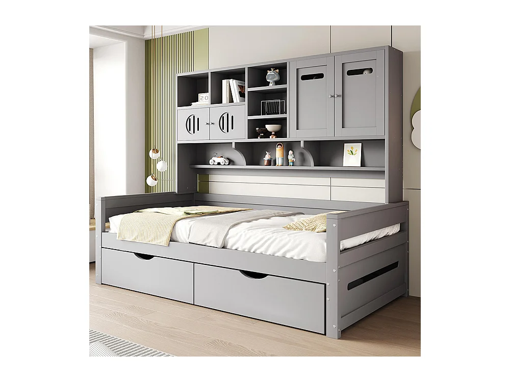 Lit combiné en bois 90x200 cm rangement multifonctionnel grand tiroir lit simple adolescent sommier à lattes gris sans matelas