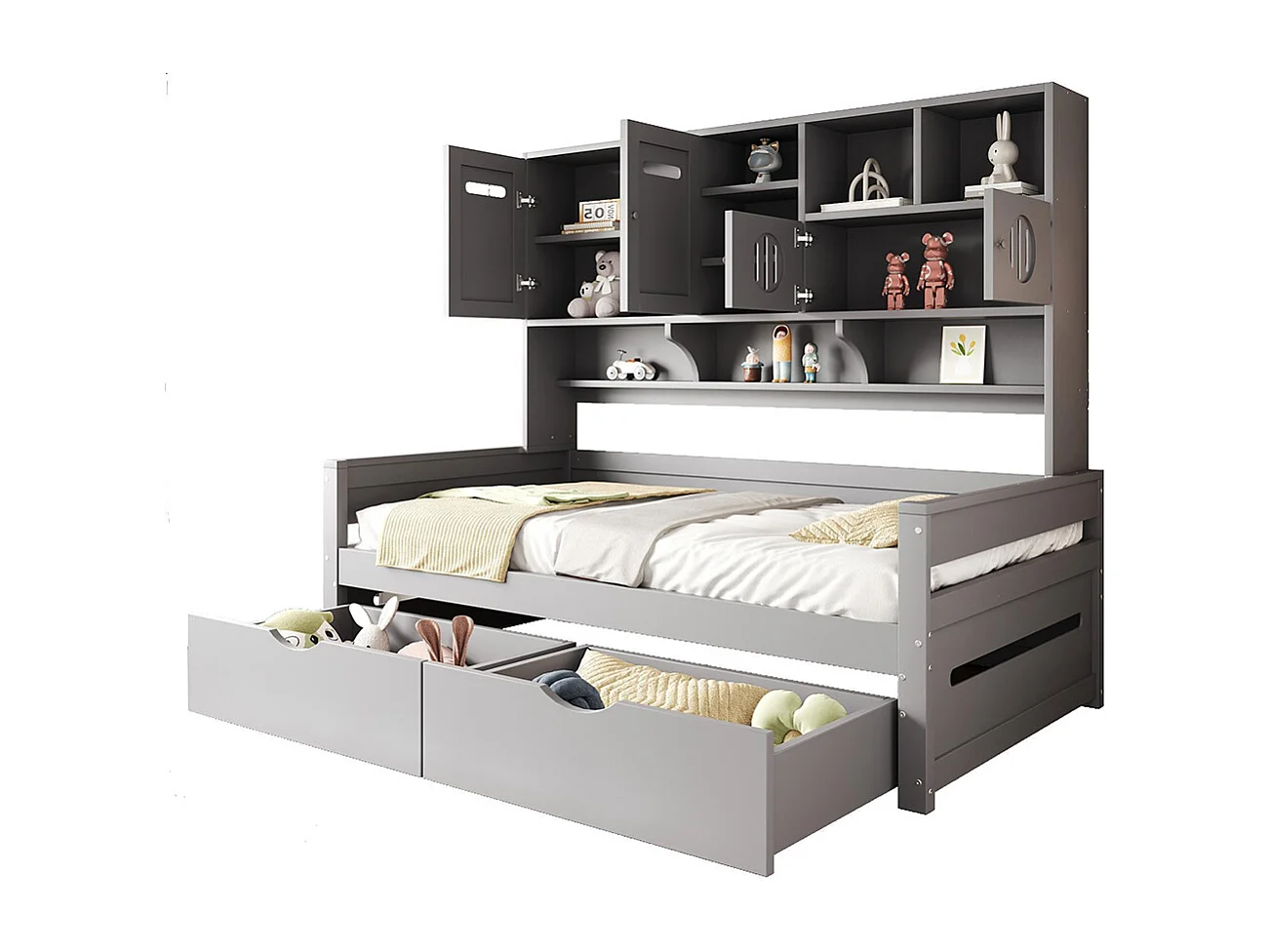 Lit combiné en bois 90x200 cm rangement multifonctionnel grand tiroir lit simple adolescent sommier à lattes gris sans matelas