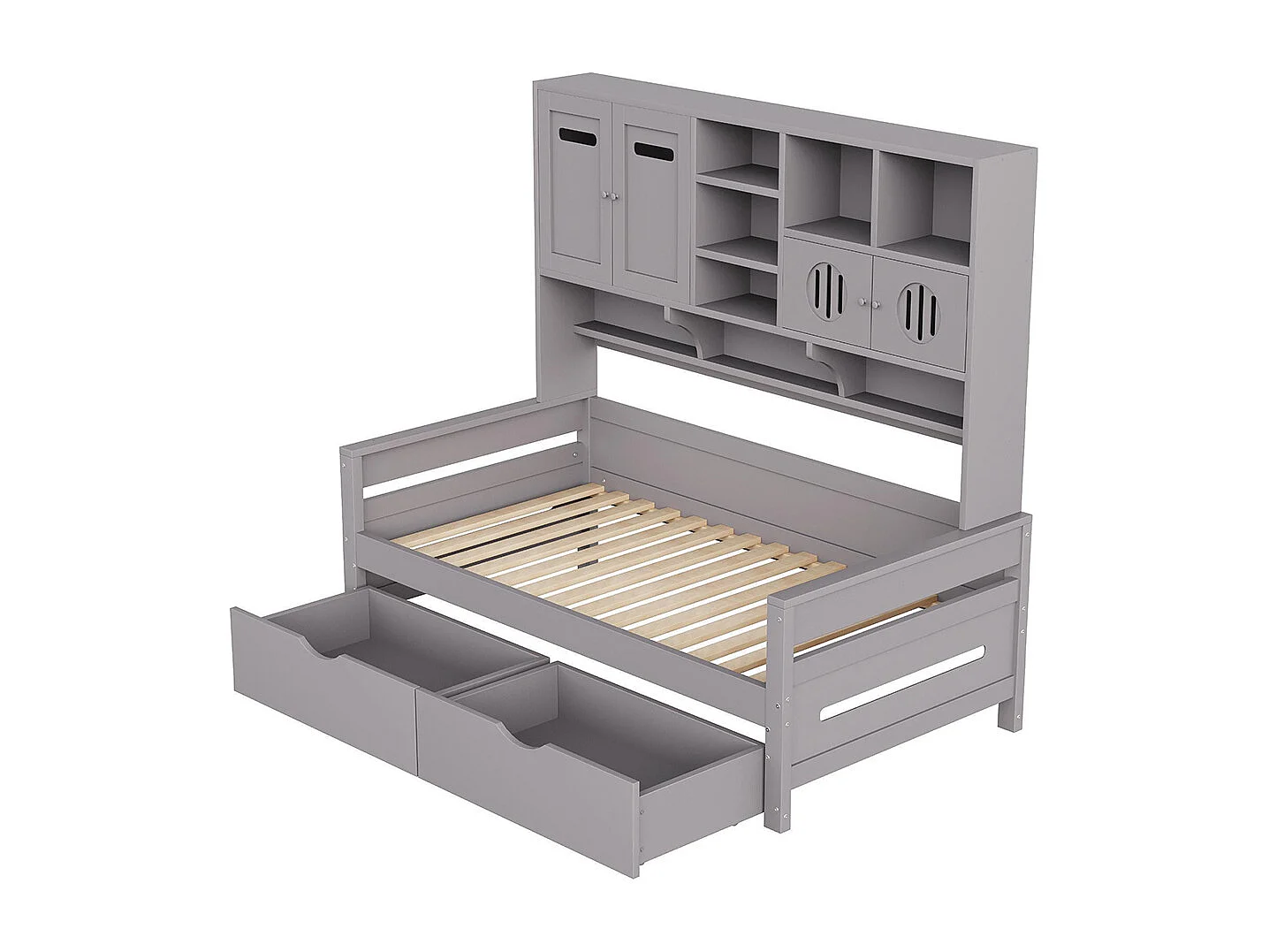 Lit combiné en bois 90x200 cm rangement multifonctionnel grand tiroir lit simple adolescent sommier à lattes gris sans matelas