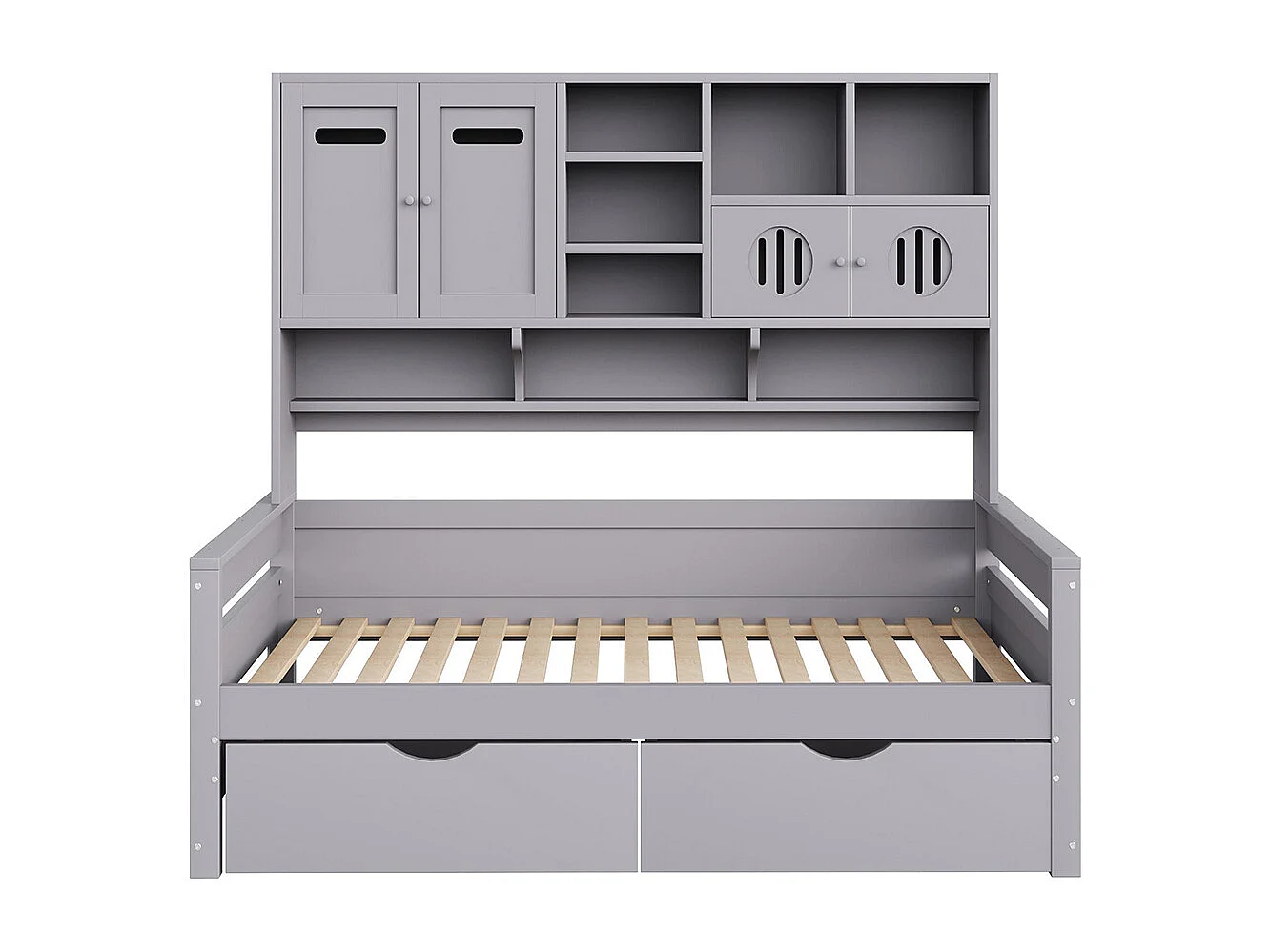 Lit combiné en bois 90x200 cm rangement multifonctionnel grand tiroir lit simple adolescent sommier à lattes gris sans matelas