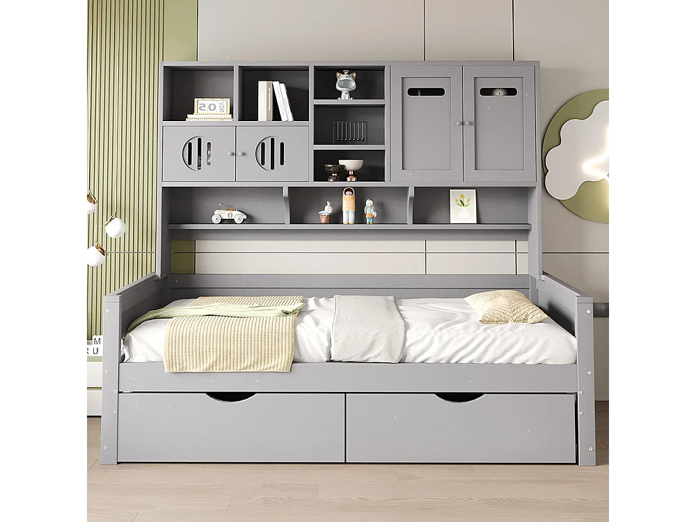 Lit combiné en bois 90x200 cm rangement multifonctionnel grand tiroir lit simple adolescent sommier à lattes gris sans matelas