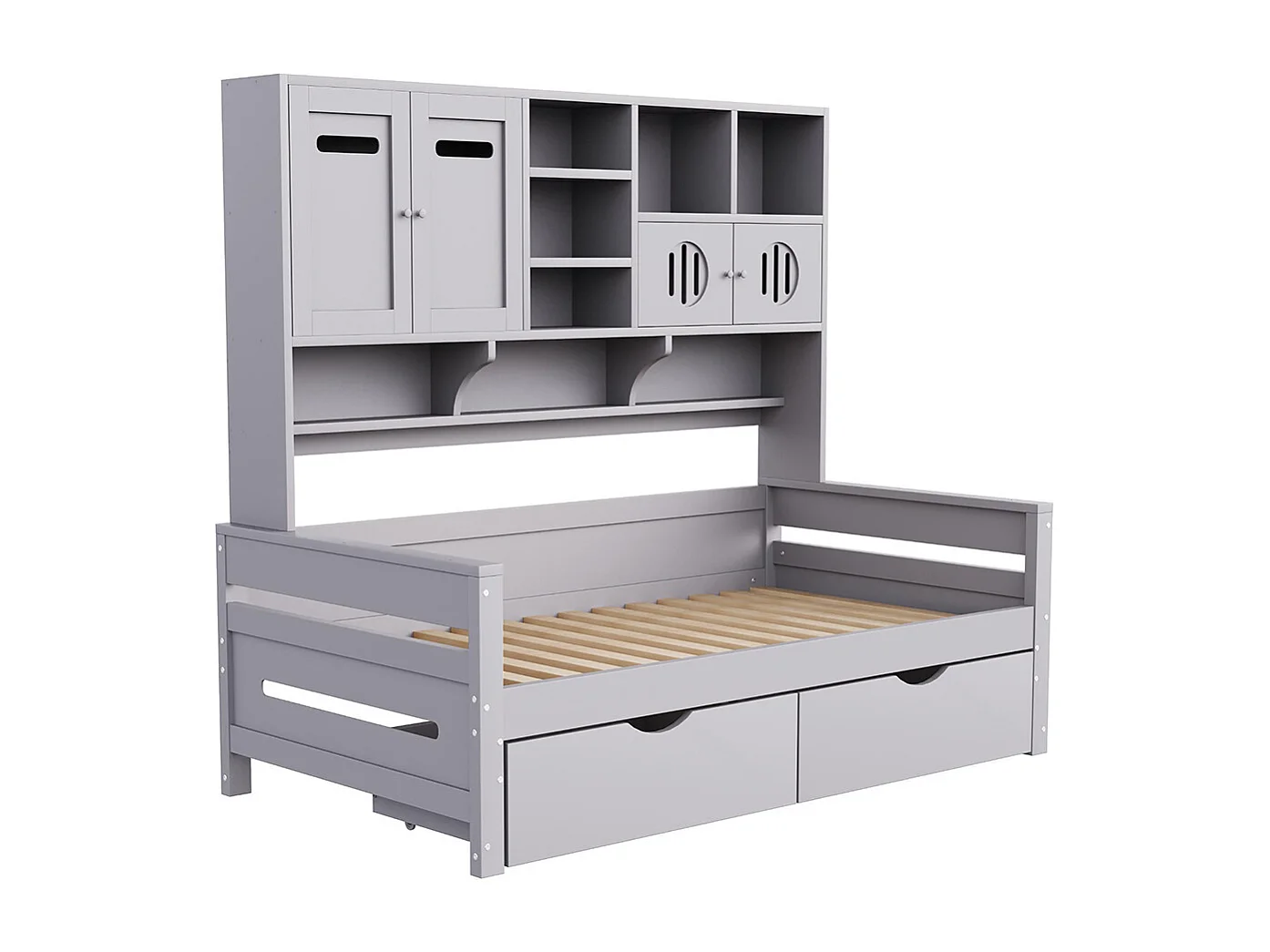 Lit combiné en bois 90x200 cm rangement multifonctionnel grand tiroir lit simple adolescent sommier à lattes gris sans matelas