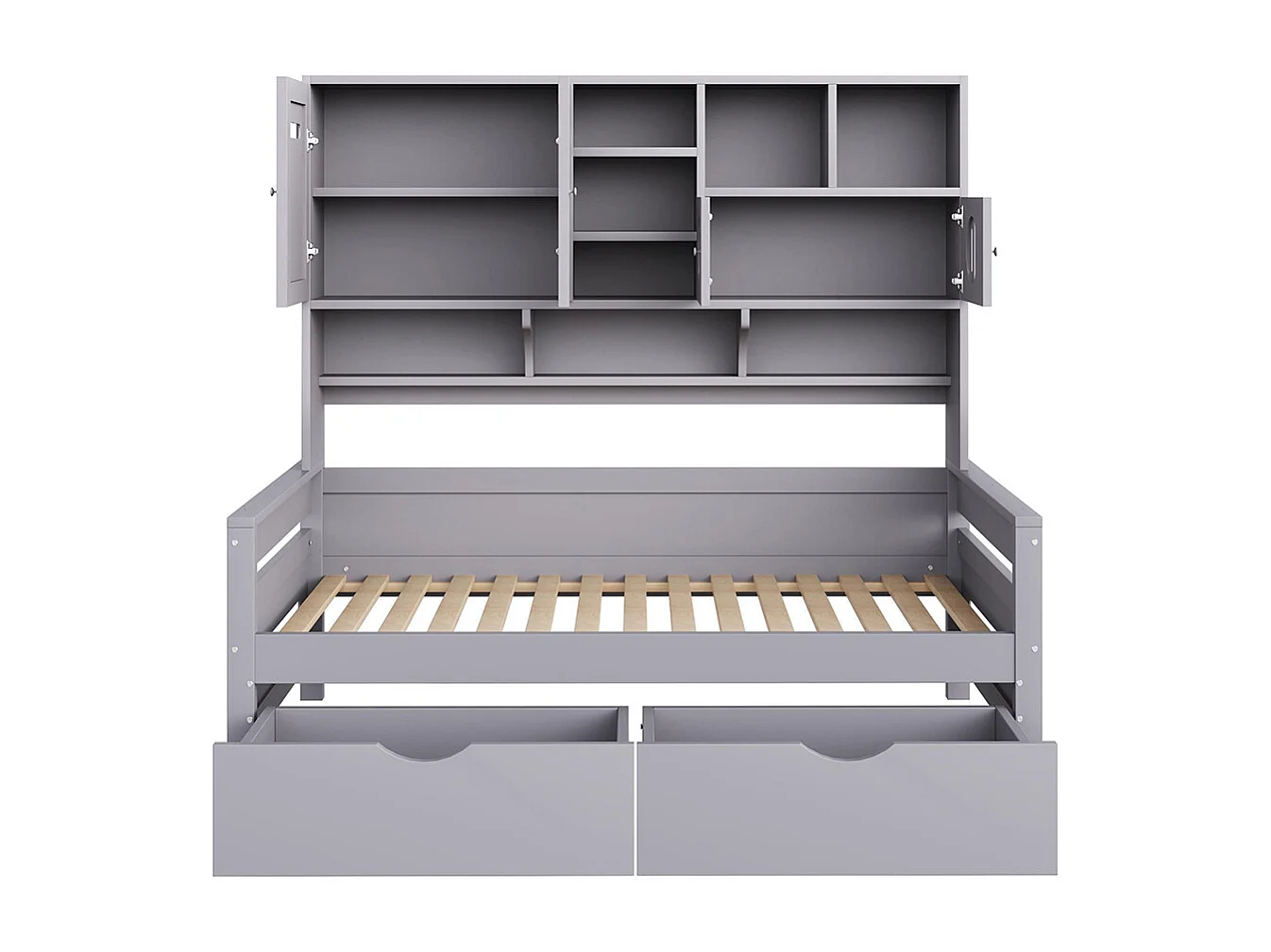 Lit combiné en bois 90x200 cm rangement multifonctionnel grand tiroir lit simple adolescent sommier à lattes gris sans matelas