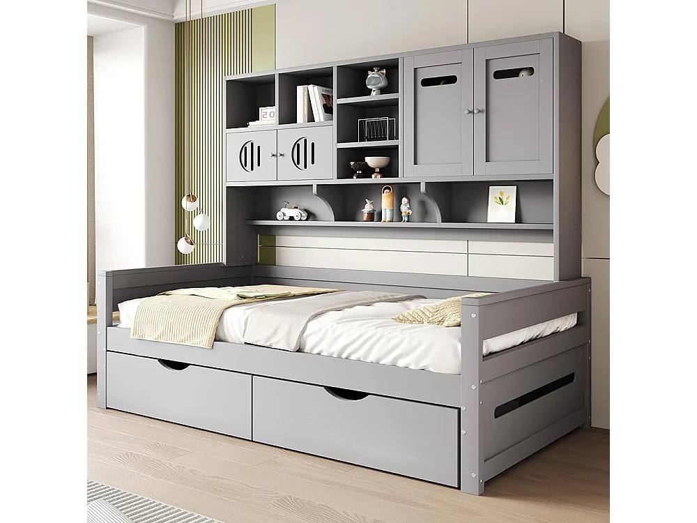 Lit combiné en bois 90x200 cm rangement multifonctionnel grand tiroir lit simple adolescent sommier à lattes gris sans matelas