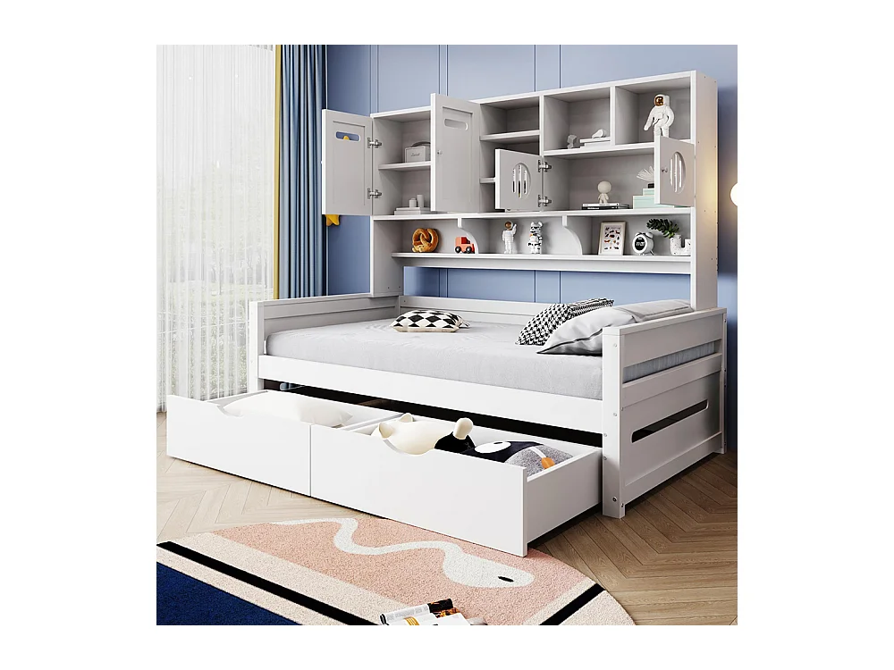 Lit combiné en bois 90x200 cm rangement multifonctionnel grand tiroir lit simple adolescent sommier à lattes blanc sans matelas