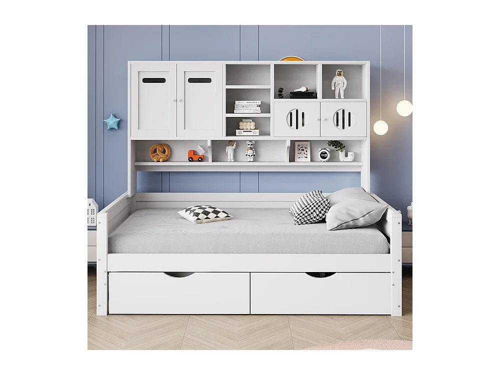 Lit combiné en bois 90x200 cm rangement multifonctionnel grand tiroir lit simple adolescent sommier à lattes blanc sans matelas