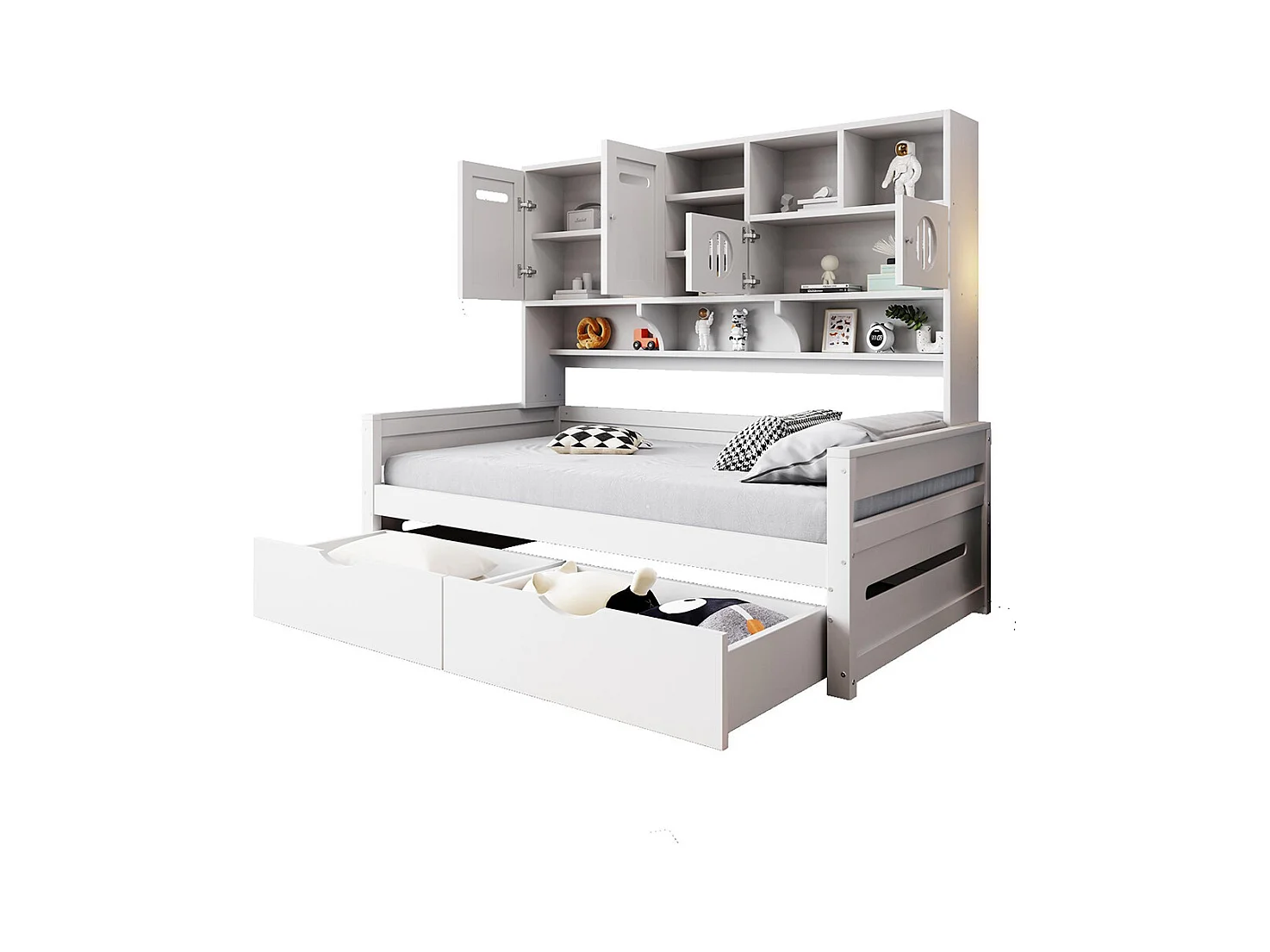 Lit combiné en bois 90x200 cm rangement multifonctionnel grand tiroir lit simple adolescent sommier à lattes blanc sans matelas