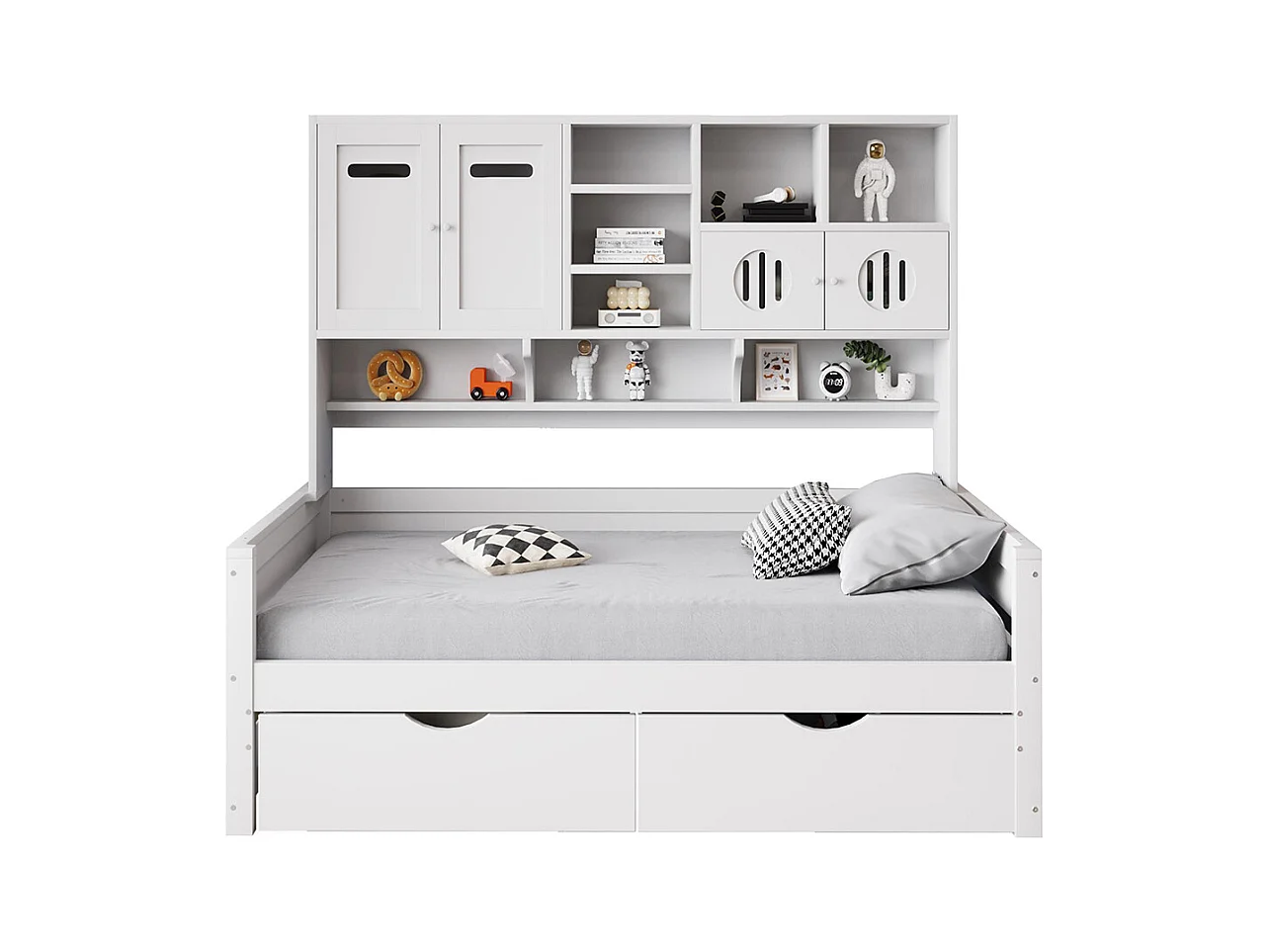 Lit combiné en bois 90x200 cm rangement multifonctionnel grand tiroir lit simple adolescent sommier à lattes blanc sans matelas