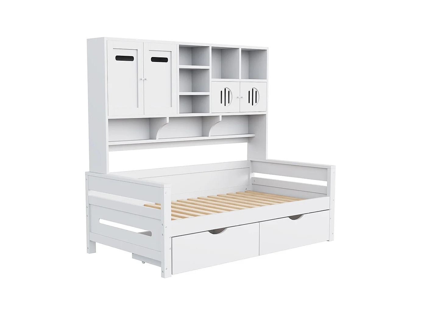Lit combiné en bois 90x200 cm rangement multifonctionnel grand tiroir lit simple adolescent sommier à lattes blanc sans matelas