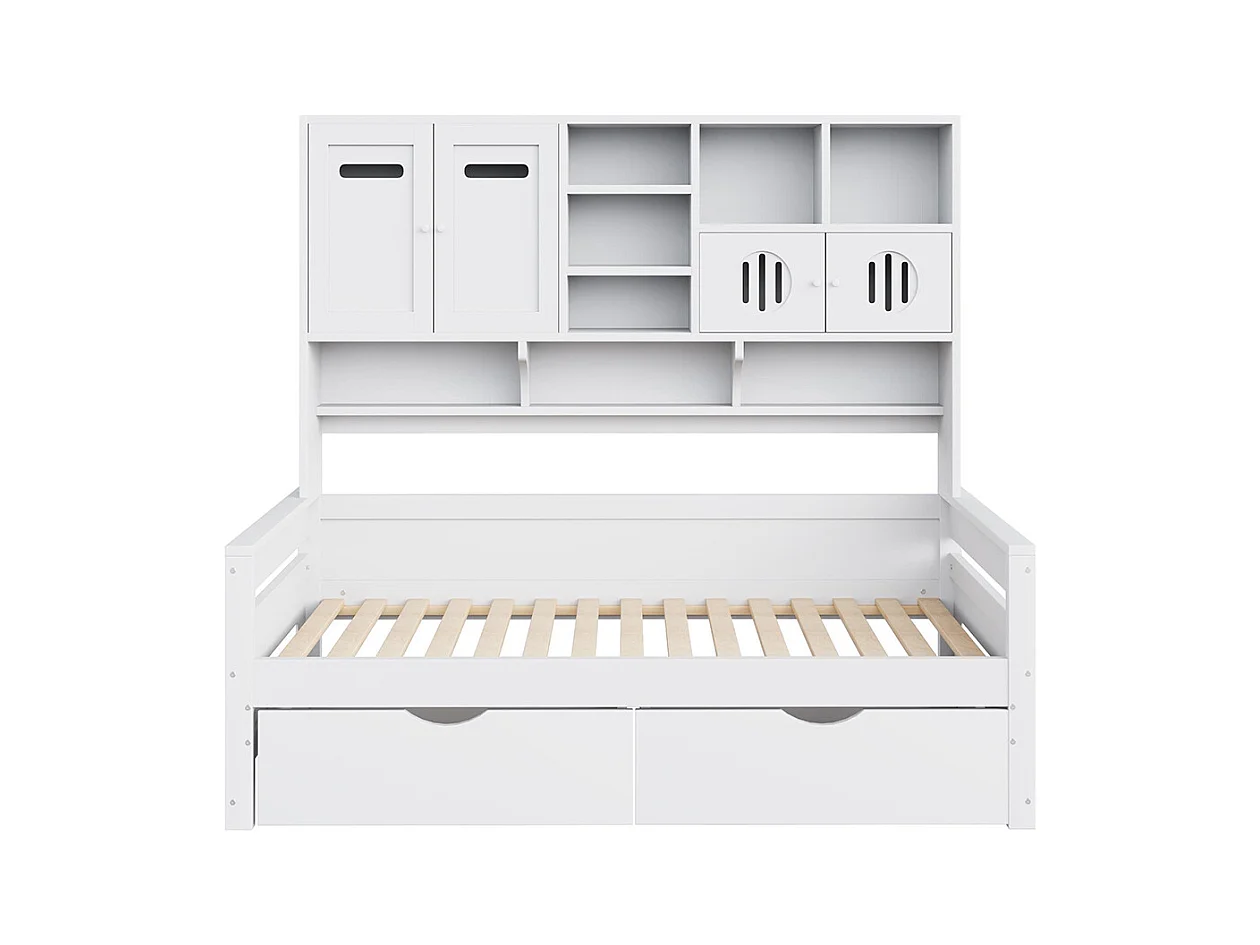 Lit combiné en bois 90x200 cm rangement multifonctionnel grand tiroir lit simple adolescent sommier à lattes blanc sans matelas