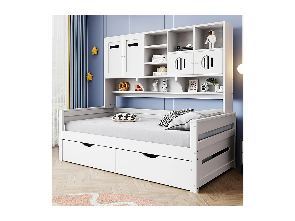 Lit combiné en bois 90x200 cm rangement multifonctionnel grand tiroir lit simple adolescent sommier à lattes blanc sans matelas