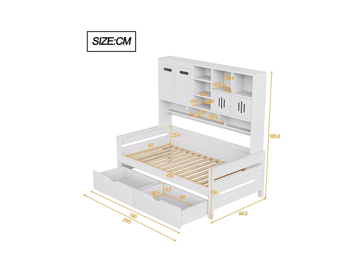 Lit combiné en bois 90x200 cm rangement multifonctionnel grand tiroir lit simple adolescent sommier à lattes blanc sans matelas