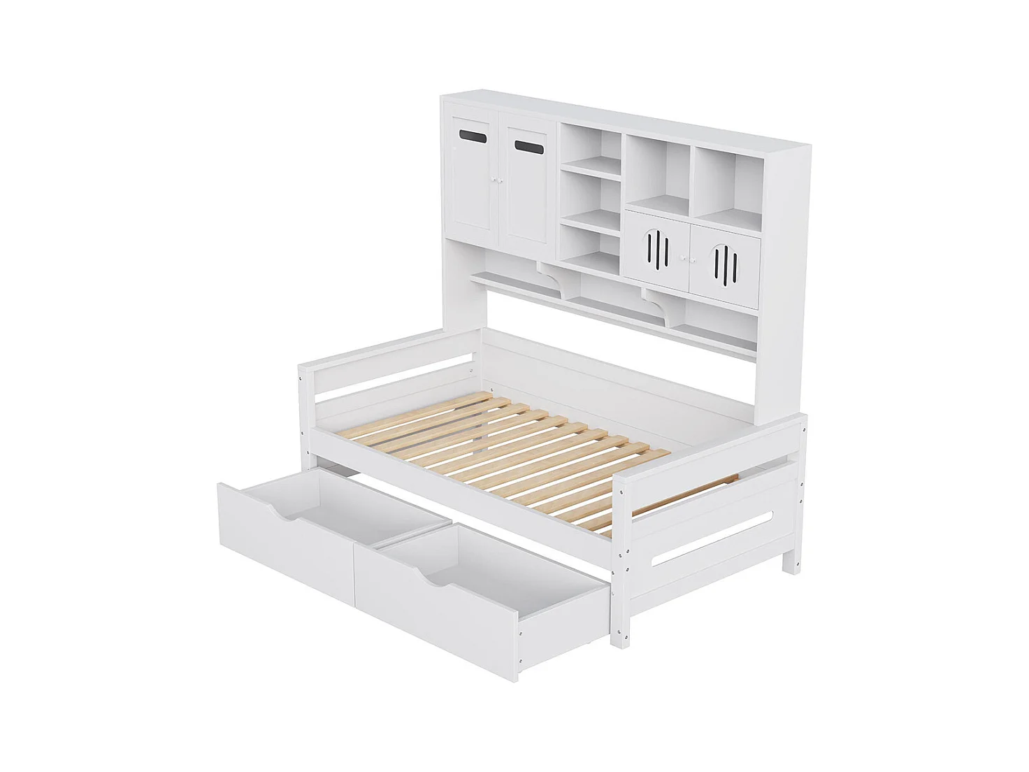 Lit combiné en bois 90x200 cm rangement multifonctionnel grand tiroir lit simple adolescent sommier à lattes blanc sans matelas