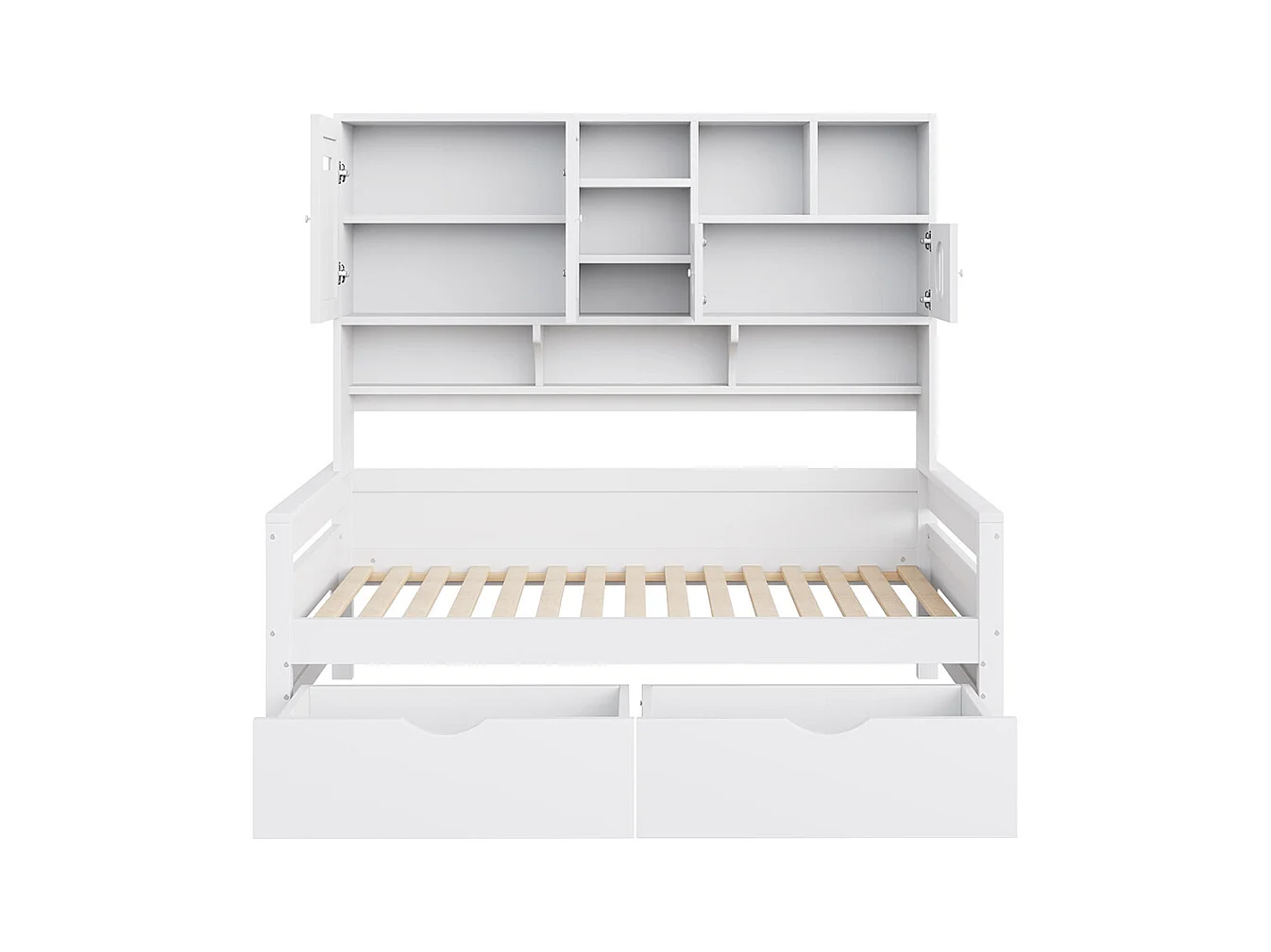 Lit combiné en bois 90x200 cm rangement multifonctionnel grand tiroir lit simple adolescent sommier à lattes blanc sans matelas